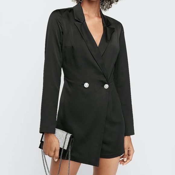Express Satin Wrap Front Blazer Romper - Picture 1 of 6